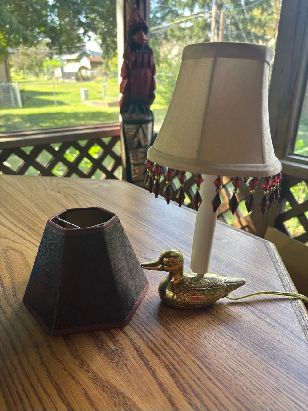 VTG Brass Duck Table Lamp with Beige Shade 12”- Extra Shade included.